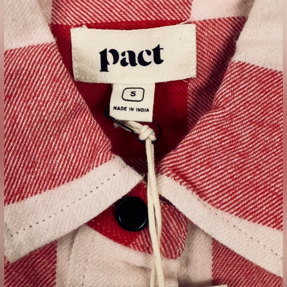 Pact Woman’s Gingham Red & White organic Cotton Mila Button Up Flannel Shirt NWT - Picture 2 of 9